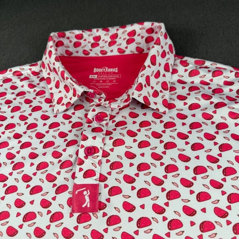 Bogey Bros Golf Co Mens XXL Taco Chili Pepper Print Performance Polo Shirt Pink - Picture 1 of 11
